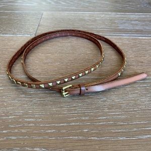 J. Crew Brown Leather Gold Studded Skinny Belt
